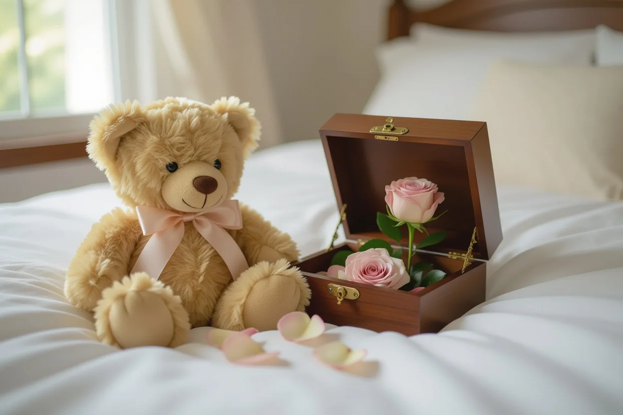 Romantic teddy bear gift with hidden preserved rose surprise for just because moments