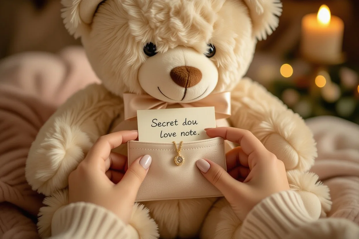 Woman discovering hidden surprise gift compartment in thoughtful teddy bear present