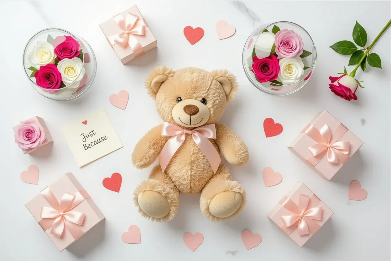 Romantic gift guide flat lay with teddy bears and thoughtful surprise presents for her