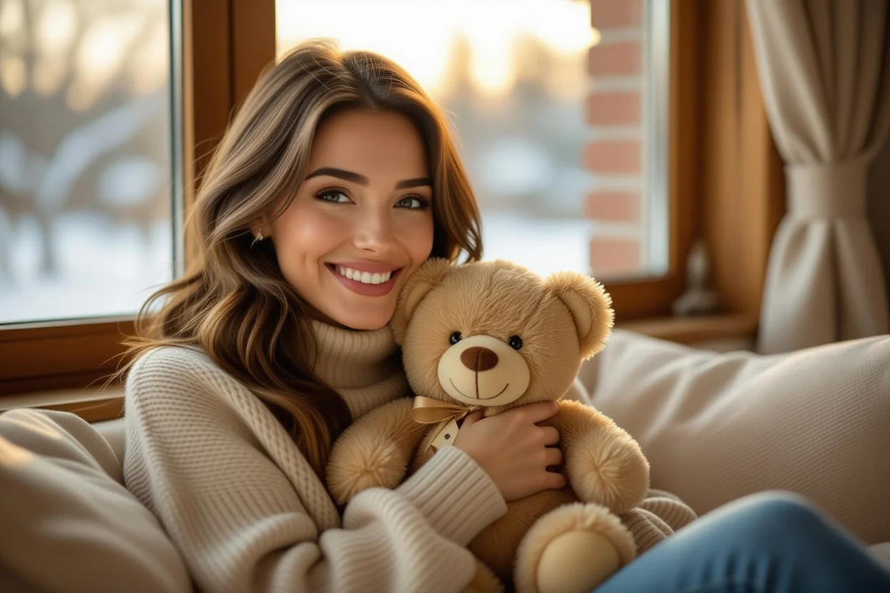 Happy woman receiving surprise teddy bear gift showing emotional connection and joy