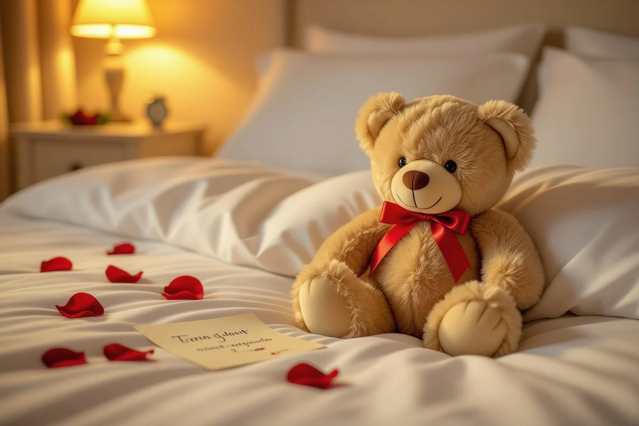 Comforting teddy bear gift on bed with rose petals and romantic note for Valentine's Day