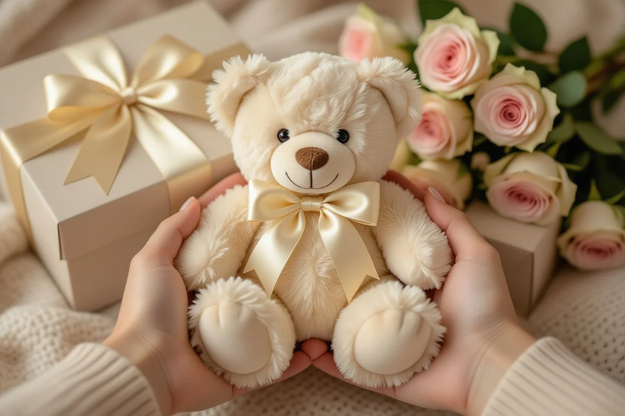 Hands holding luxurious teddy bear romantic gift with preserved roses and elegant wrapping