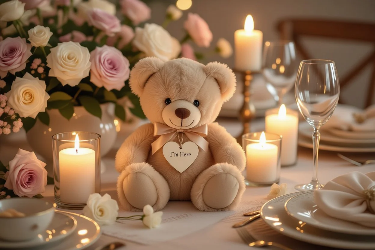 Romantic dinner table with teddy bear centerpiece and 