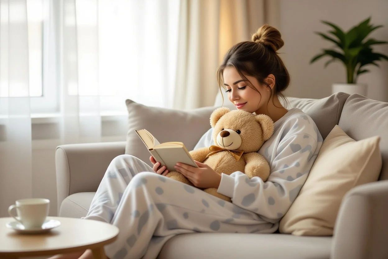 Woman finding comfort with supportive teddy bear gift during peaceful morning reading time