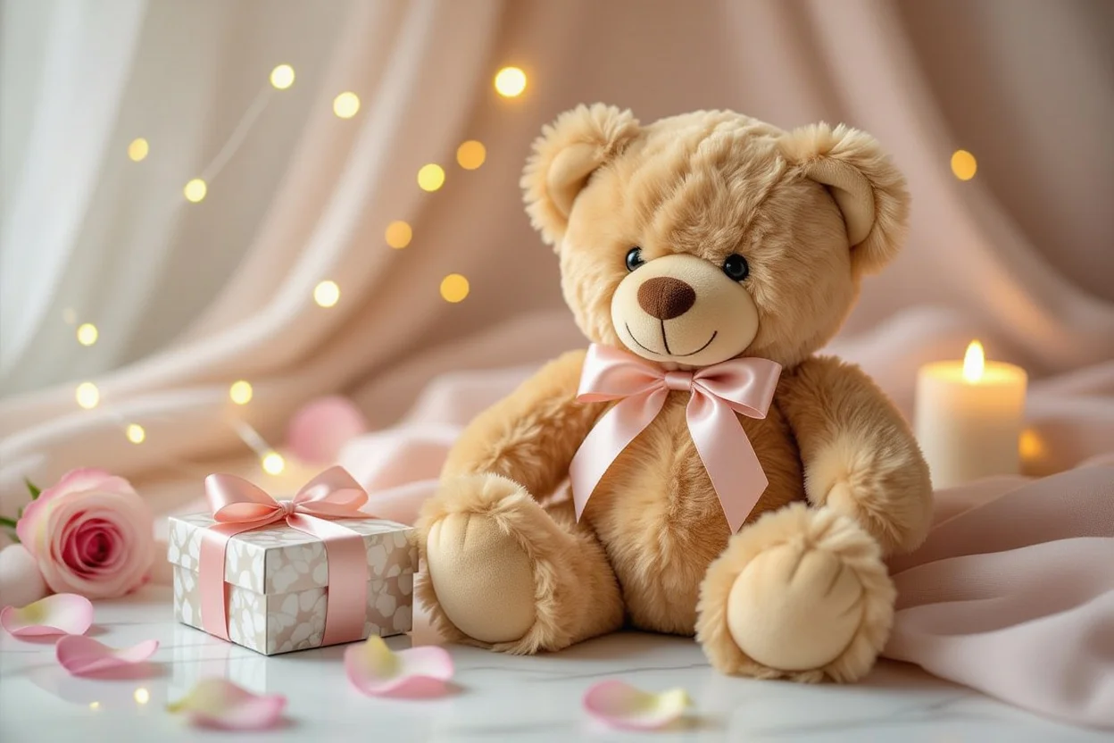Mountova Pro Teddy Bear romantic gift with roses and fairy lights on marble surface
