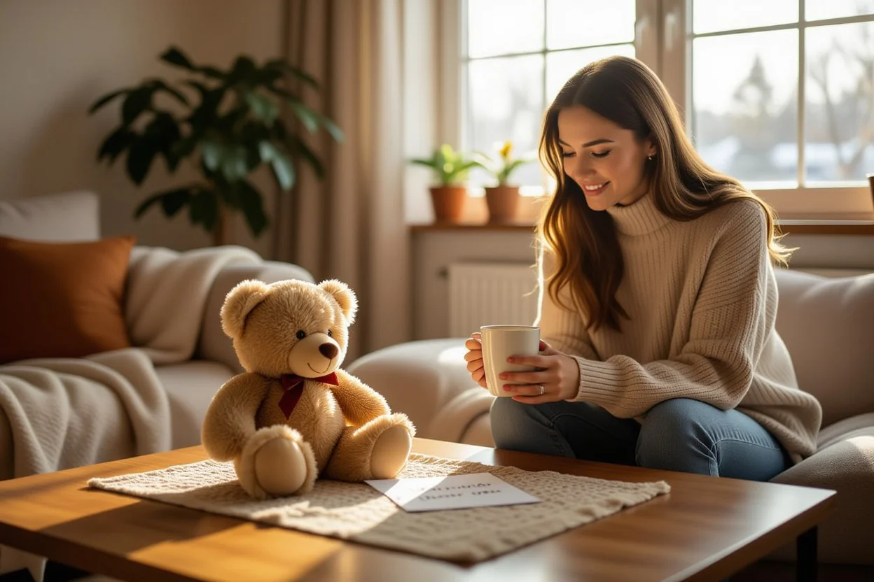 Woman discovering surprise teddy bear gift on ordinary Tuesday morning in cozy living room