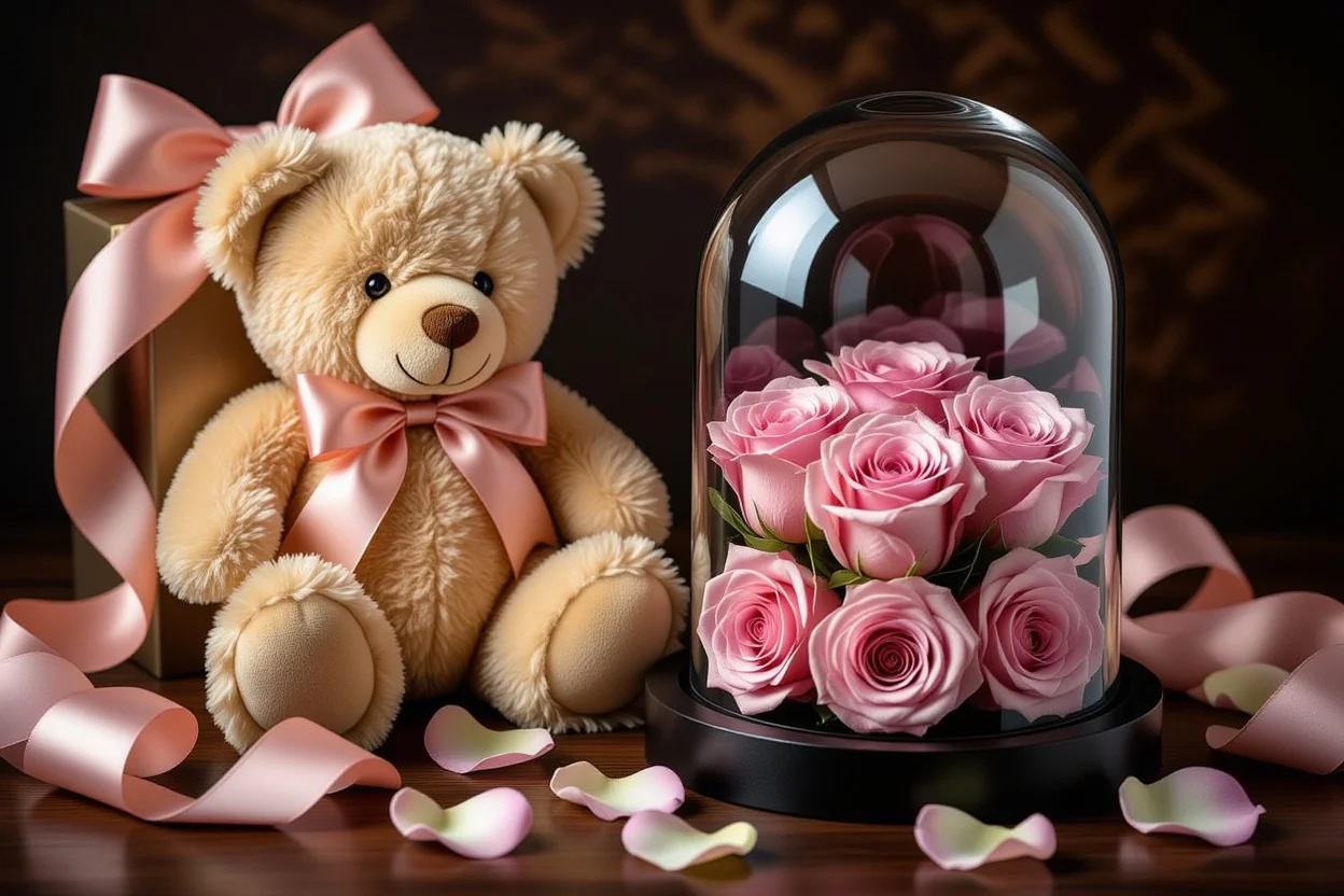 Premium teddy bear with preserved roses in glass dome representing lasting romantic gifts
