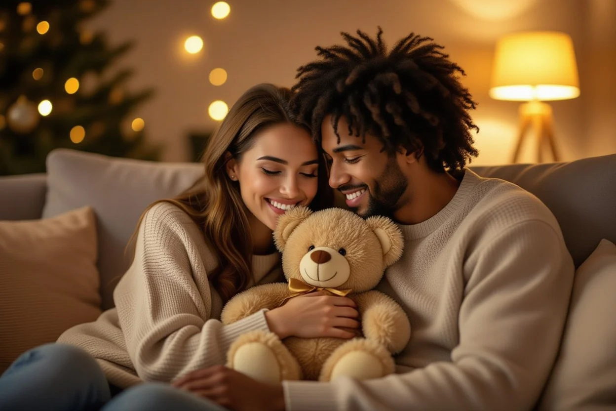 Happy couple enjoying romantic teddy bear gift together on cozy sofa in golden light