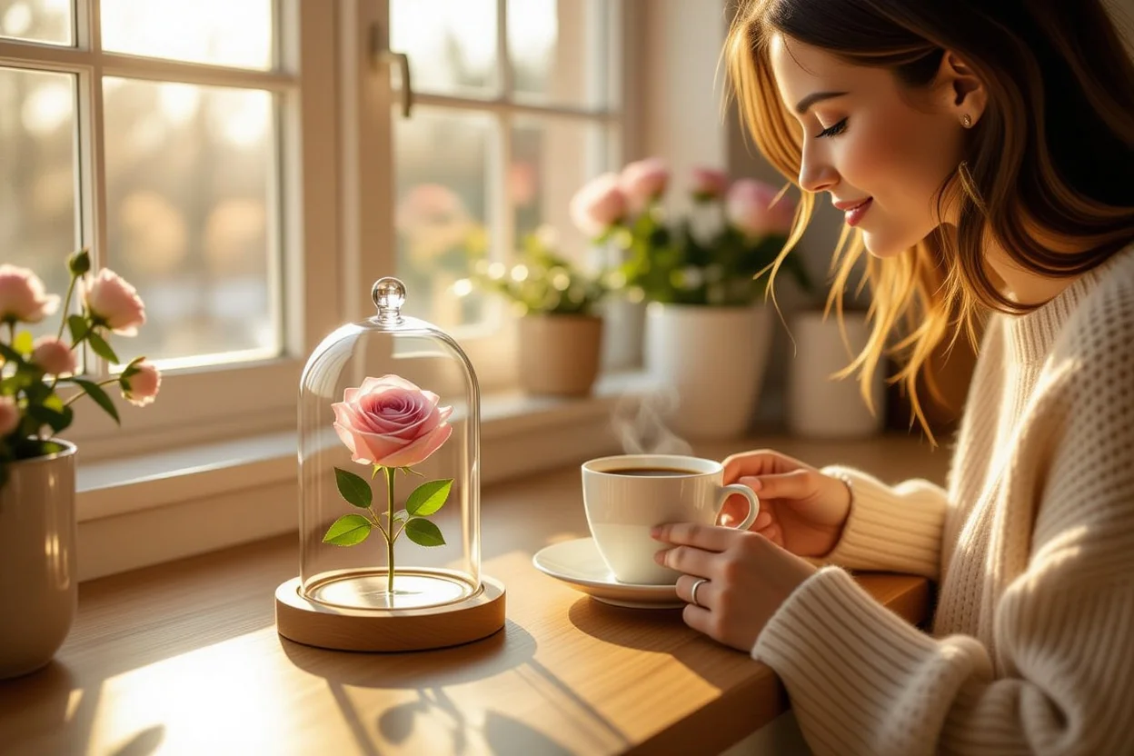 Spontaneous surprise gift of preserved rose next to morning coffee for everyday romance