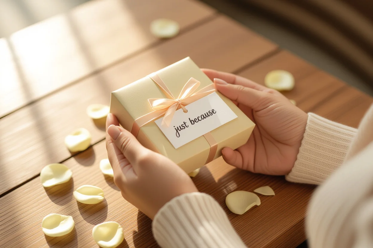 Small wrapped gift with just because note showing thoughtful spontaneous romance