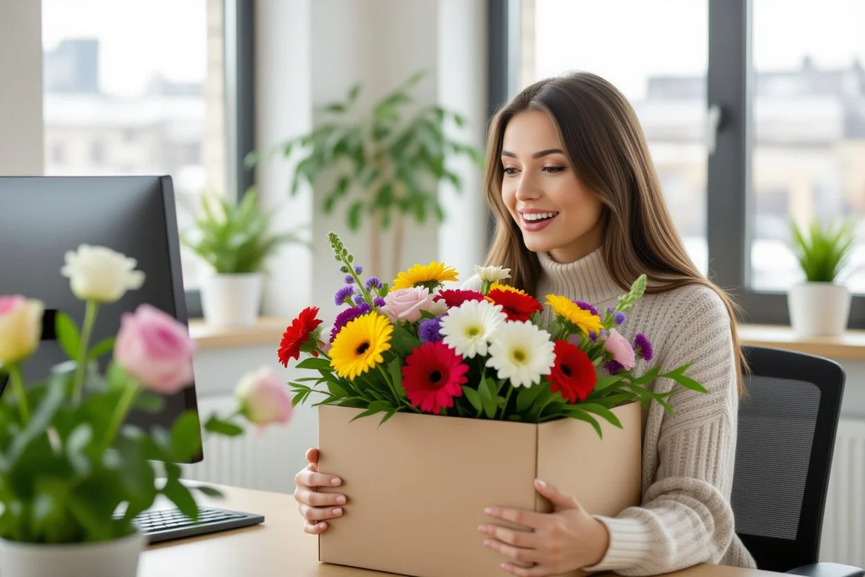 Woman receiving surprise flower delivery at work showing everyday romantic gestures