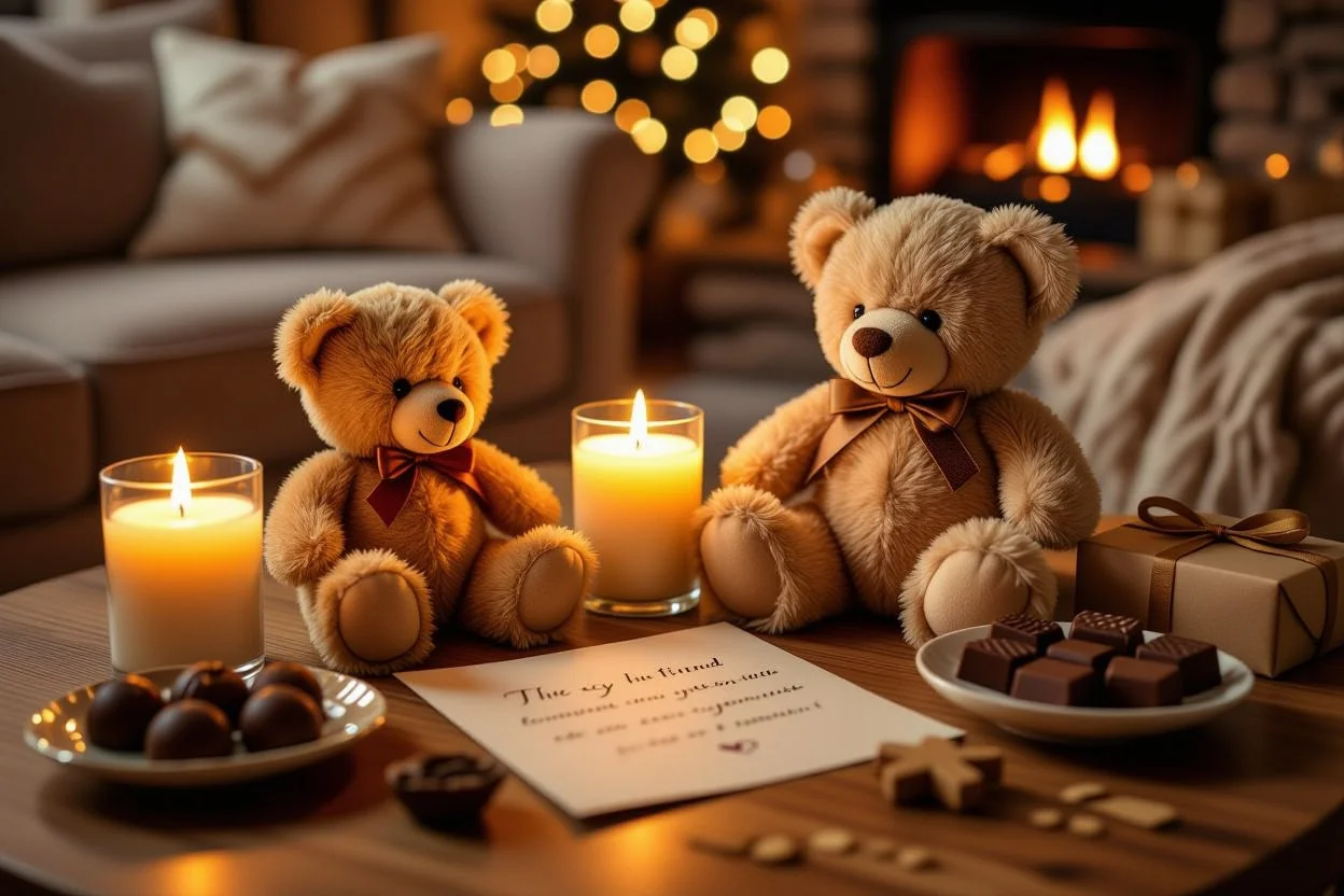 Collection of small romantic gifts including teddy bear and candles for spontaneous surprises