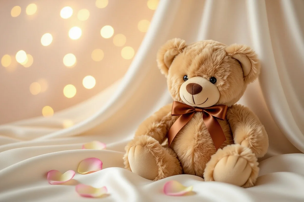 Premium Mountova Pro teddy bear romantic gift with rose petals on elegant white backdrop