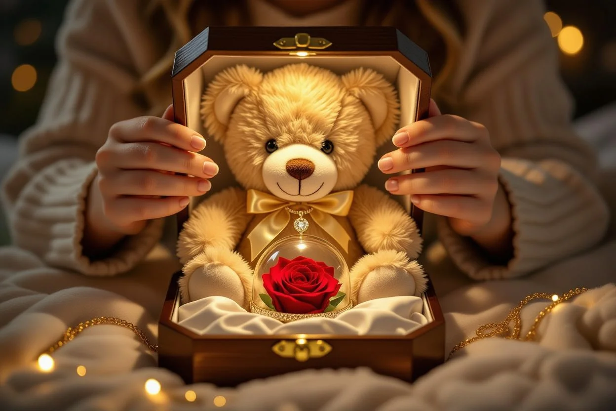 Hidden surprise reveal showing necklace and preserved rose inside teddy bear gift