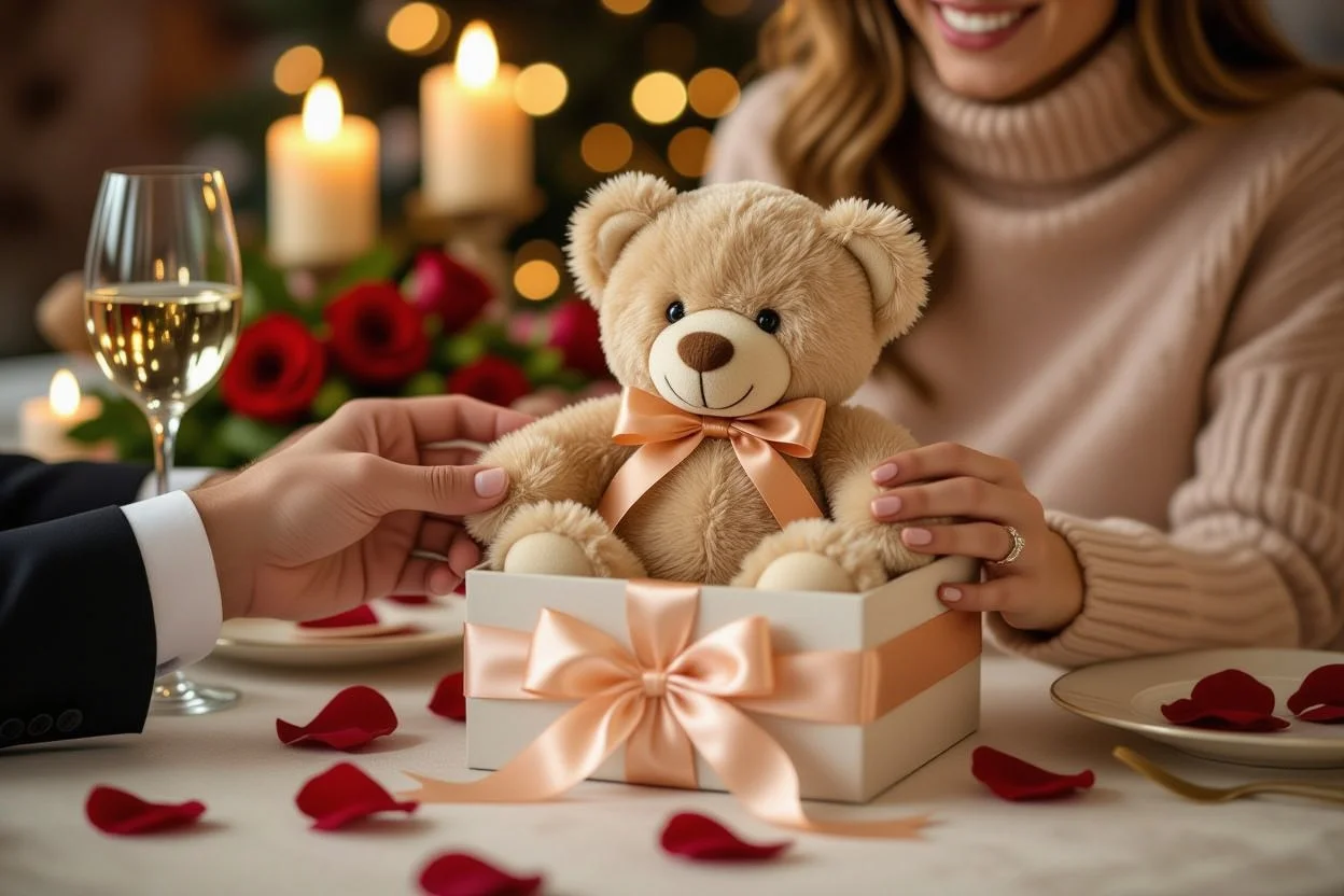 Romantic couple exchanging teddy bear surprise gift in candlelit intimate setting