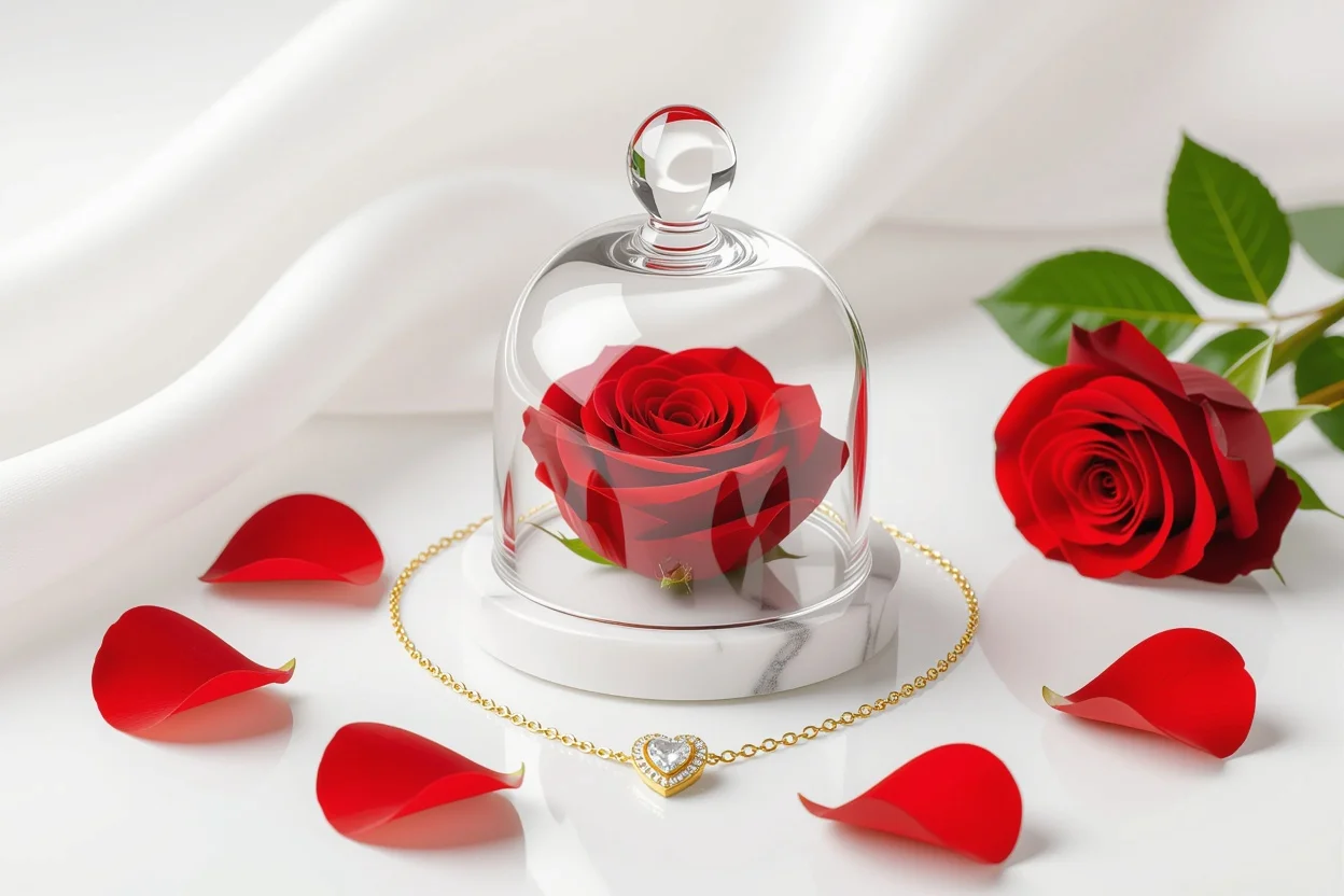 Luxury flat lay of preserved rose and gold necklace romantic gift components