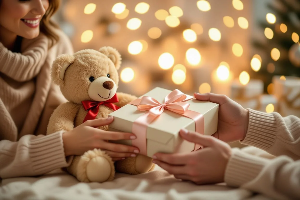 Romantic gift giving moment with surprise teddy bear present for special occasions