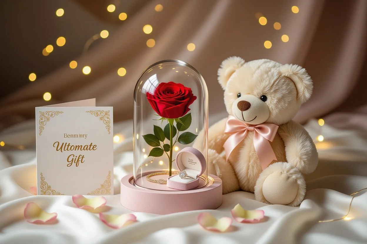 Ultimate romantic gift guide setup with teddy bear, preserved rose, and jewelry for her