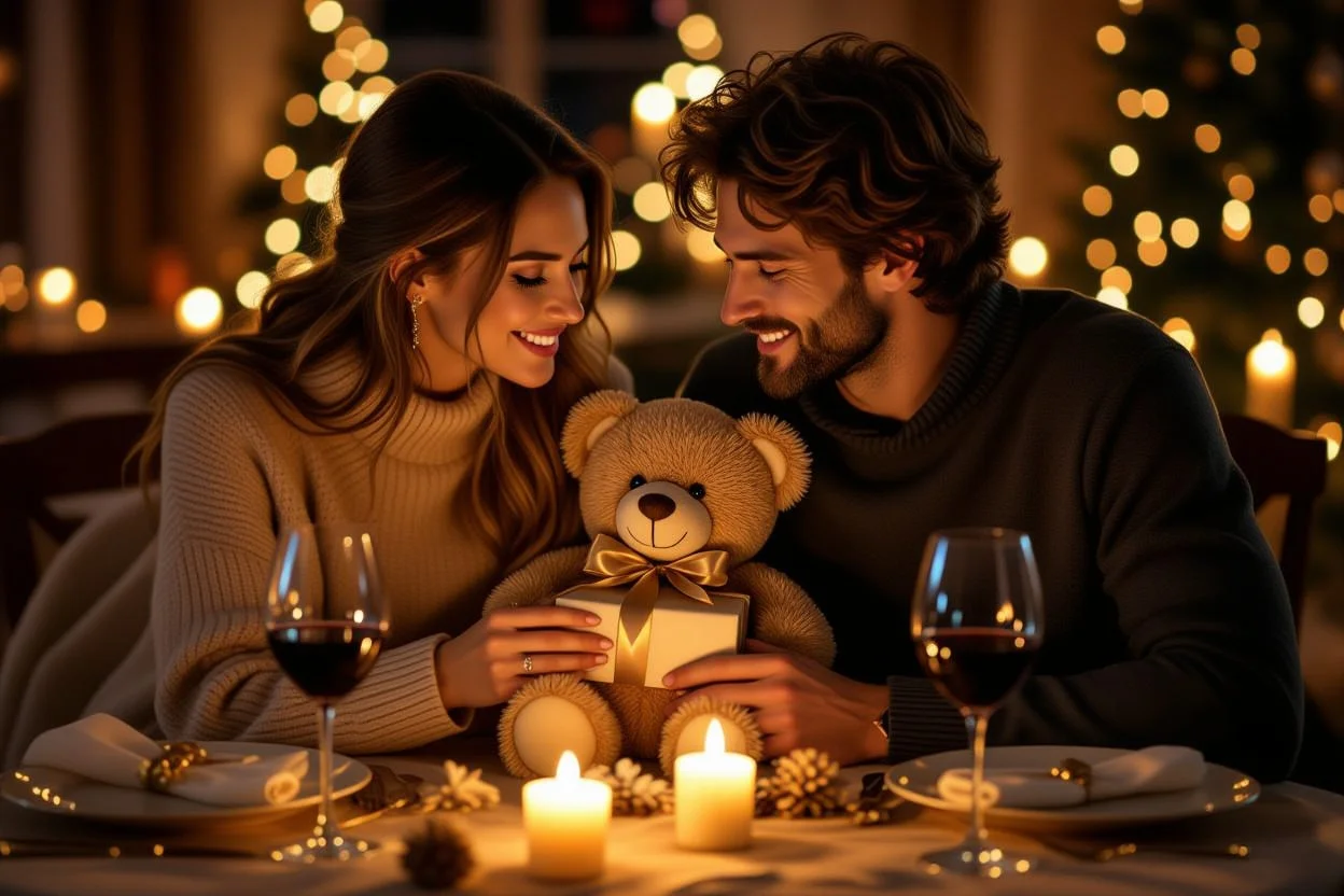 Romantic couple anniversary dinner with teddy bear gift surprise moment