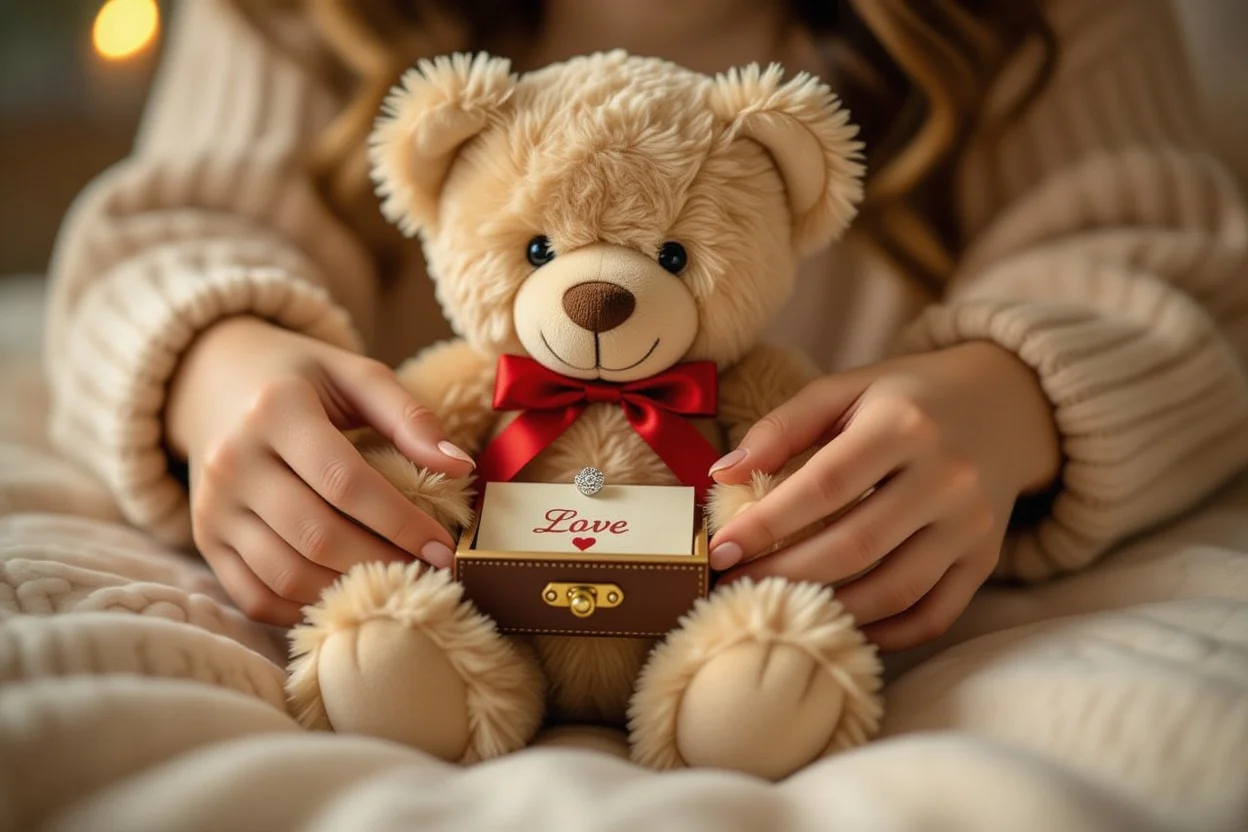 Hidden surprise compartment being opened in romantic teddy bear gift