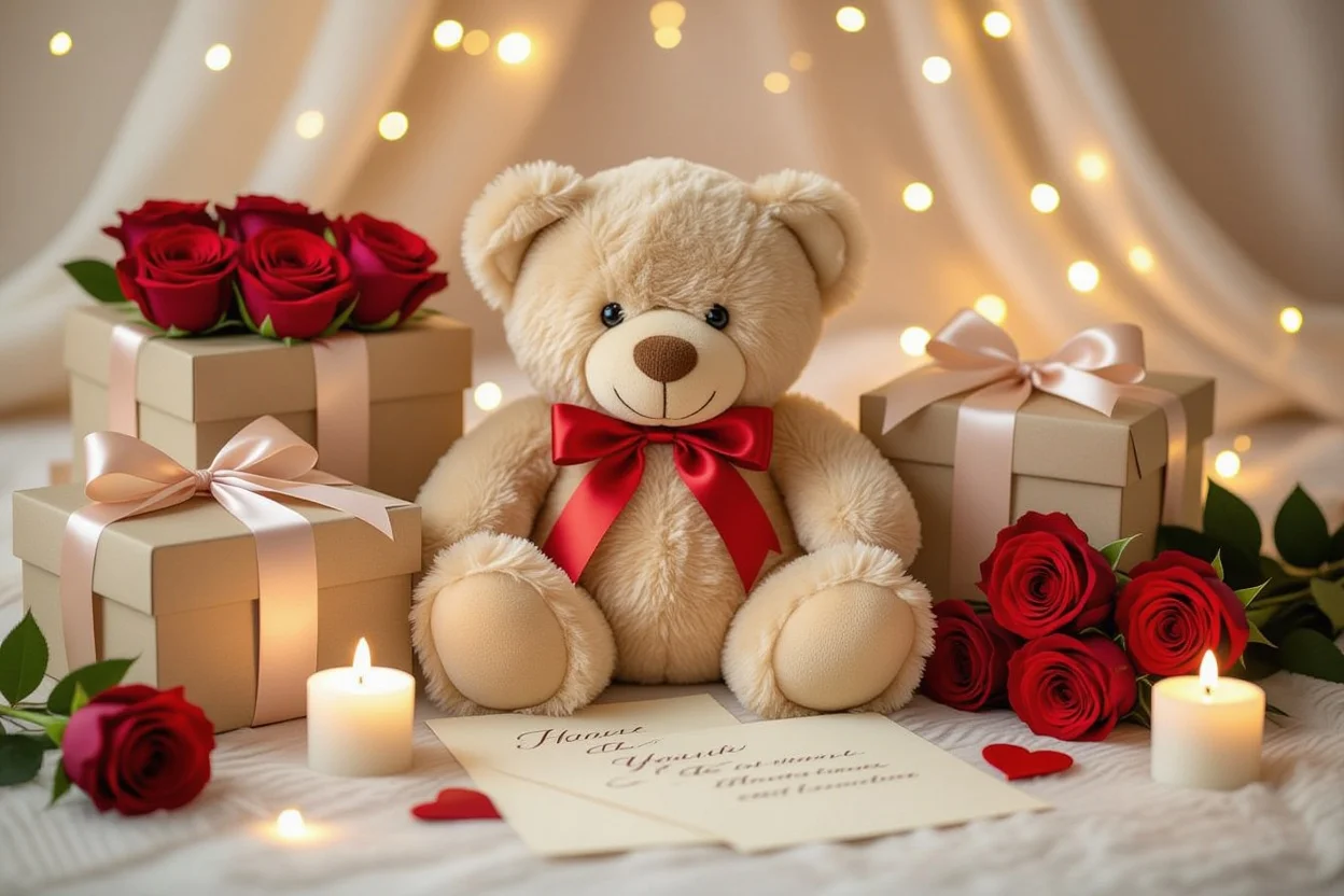 Complete romantic gift arrangement with teddy bear and preserved roses for anniversary