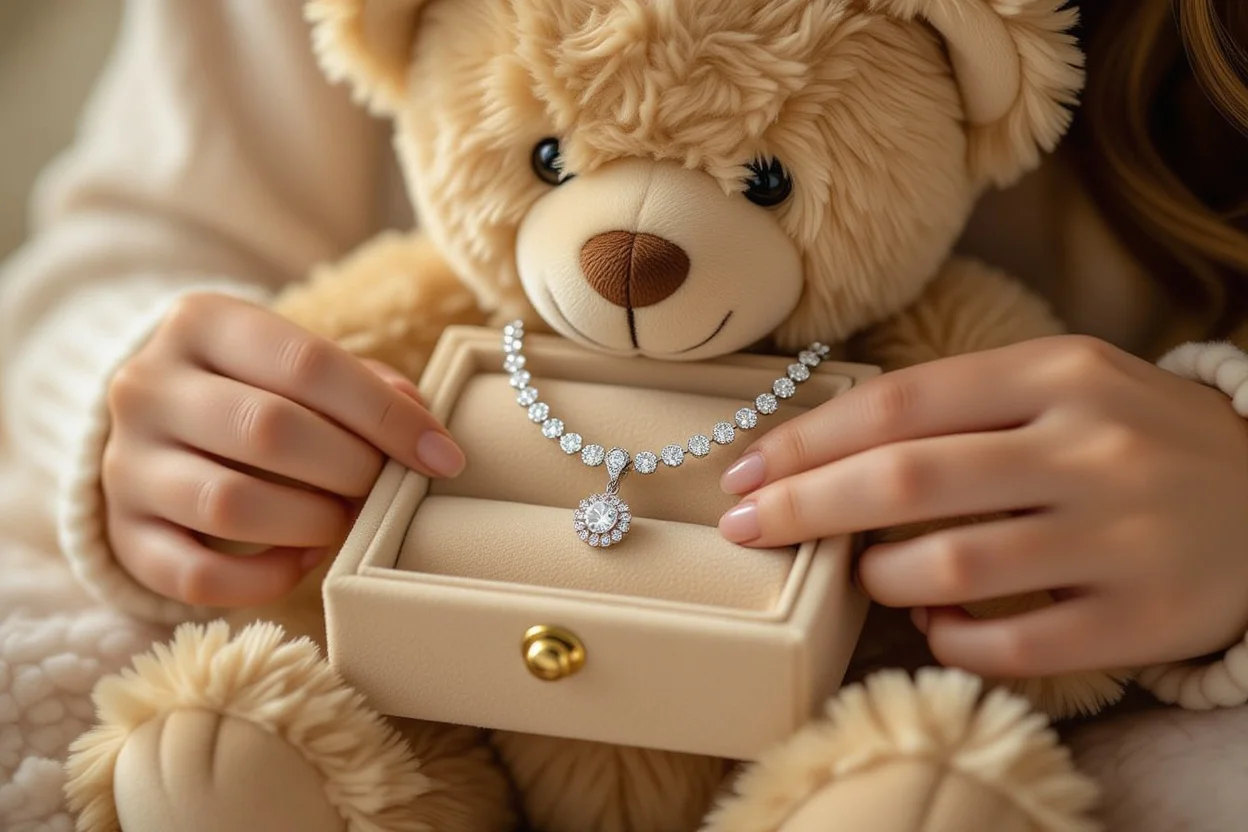 Hidden necklace surprise being revealed from inside romantic teddy bear gift - perfect anniversary surprise