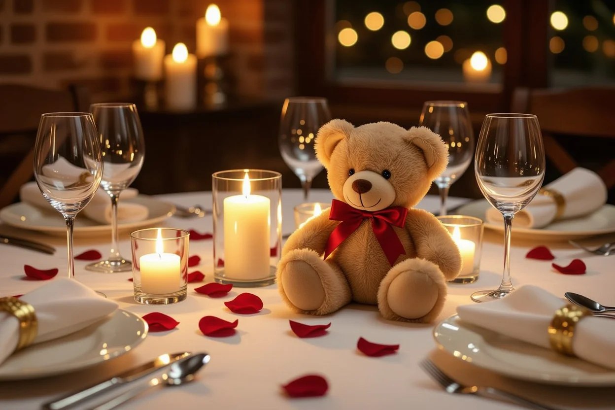 Romantic anniversary dinner setting with teddy bear surprise gift as centerpiece for couples celebrating love