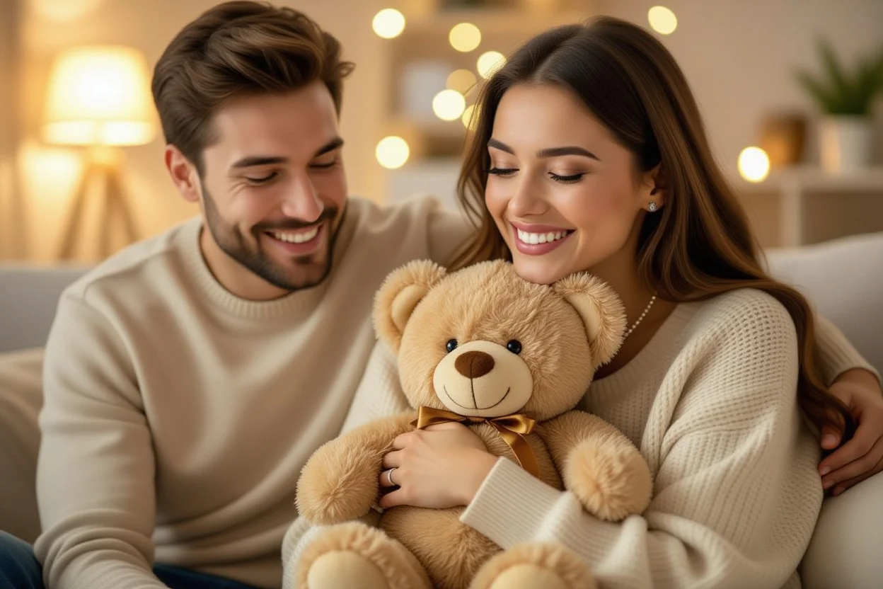 Happy couple enjoying romantic teddy bear gift with hidden necklace surprise - emotional gift-giving moment
