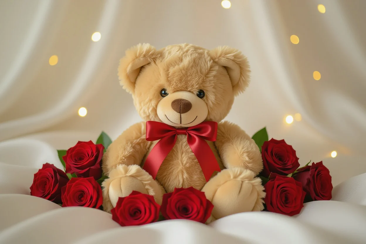 Mountova Pro Teddy Bear with preserved red roses romantic gift set