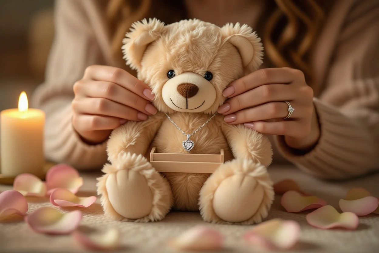 Hidden necklace surprise being discovered in romantic teddy bear gift
