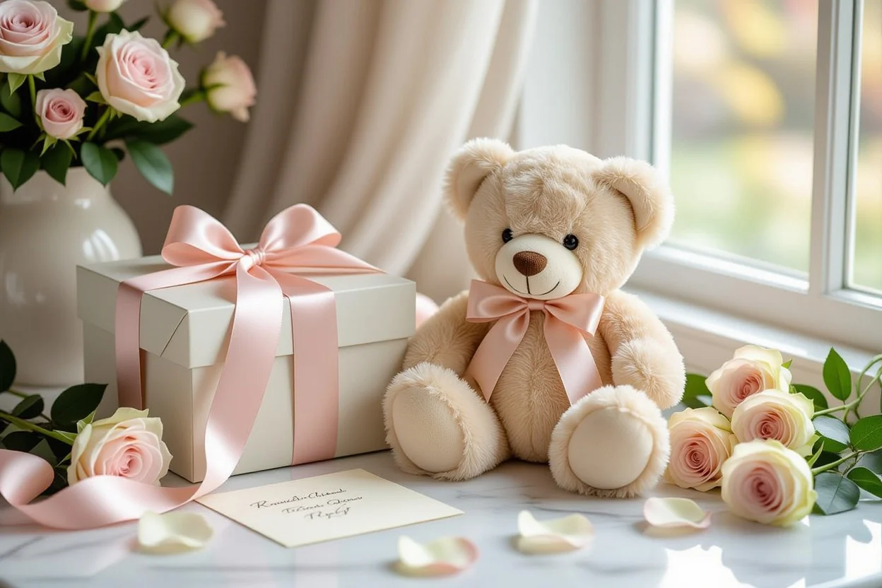 Romantic gift presentation with teddy bear and preserved roses for Valentine's Day