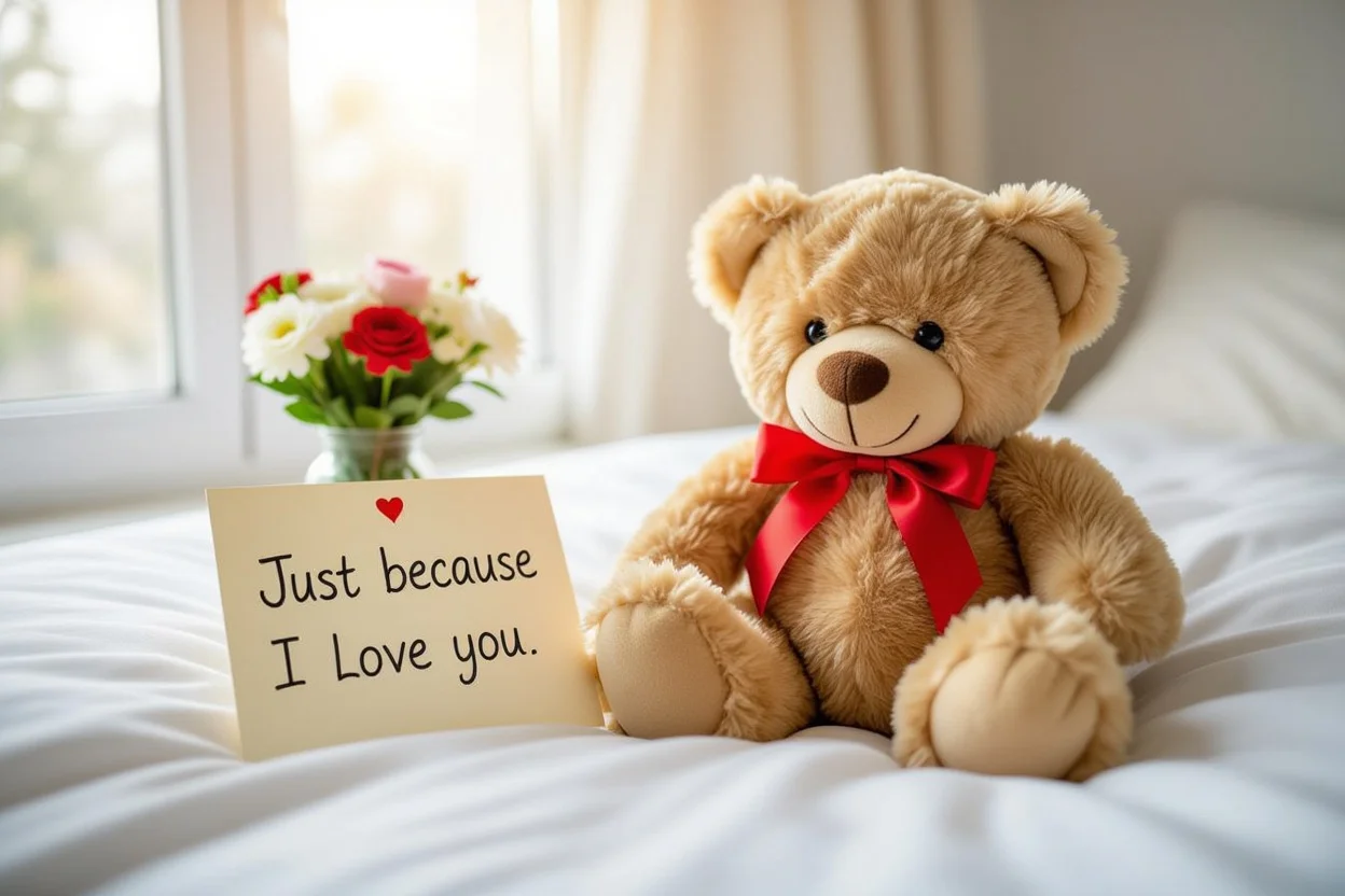 Mountova teddy bear surprise gift with love note on bed for romantic gesture