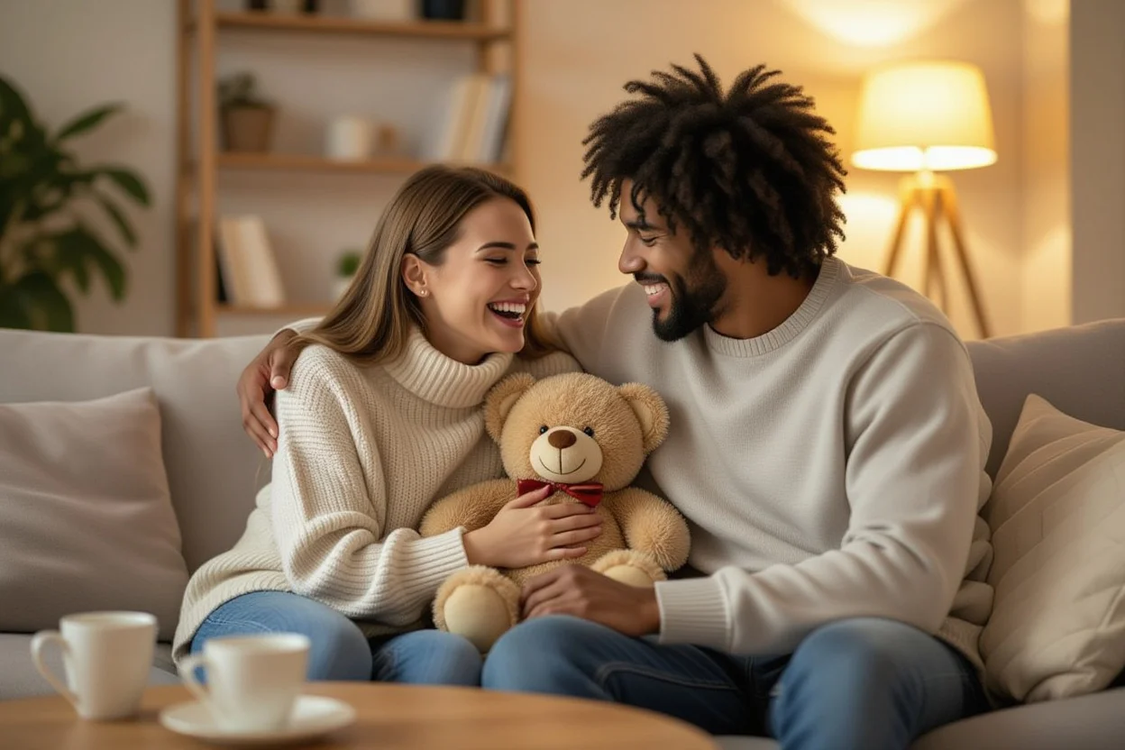 Happy couple enjoying surprise teddy bear gift during cozy evening at home