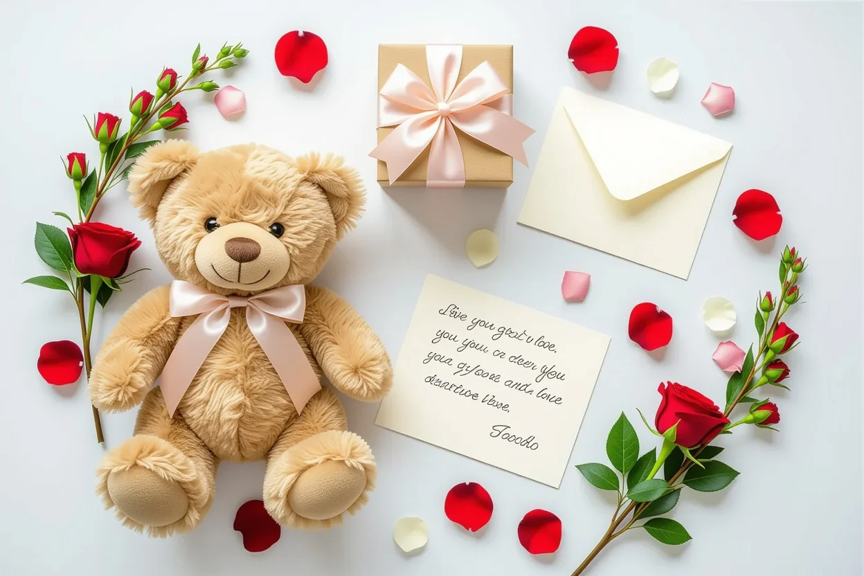 Romantic gift flat lay with teddy bear, preserved flowers and love letters for relationship gifts