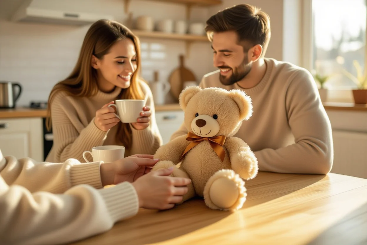 Hands holding surprise teddy bear gift during morning coffee moment between couple