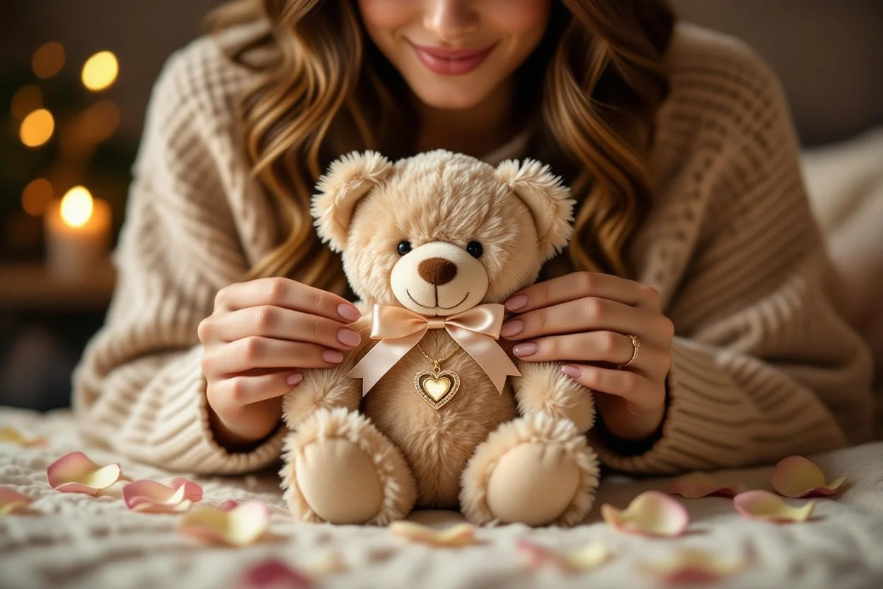 Woman discovering hidden necklace surprise inside romantic teddy bear gift