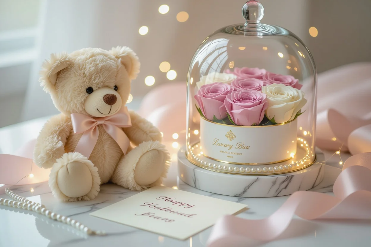 Romantic gift collection with teddy bear, jewelry, and preserved flowers for her
