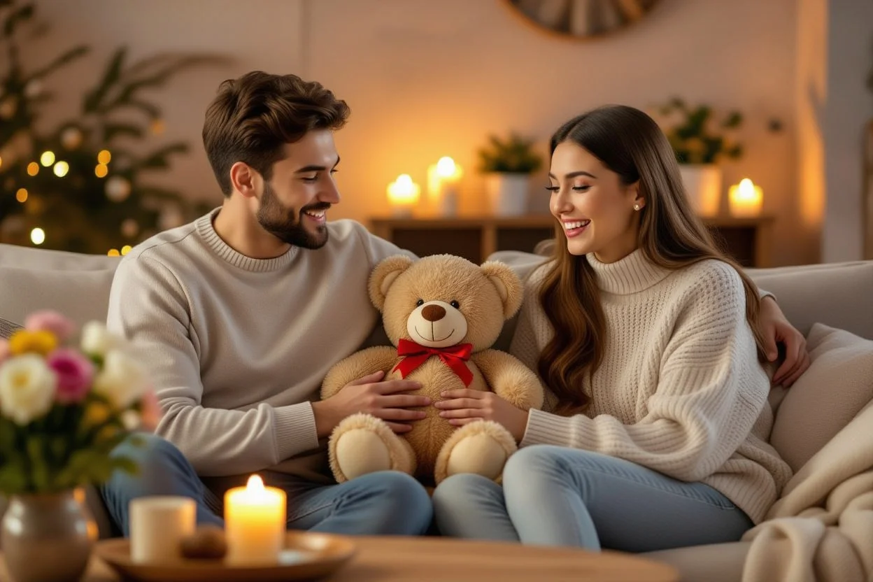 Couple sharing romantic gift moment with teddy bear surprise for relationship healing