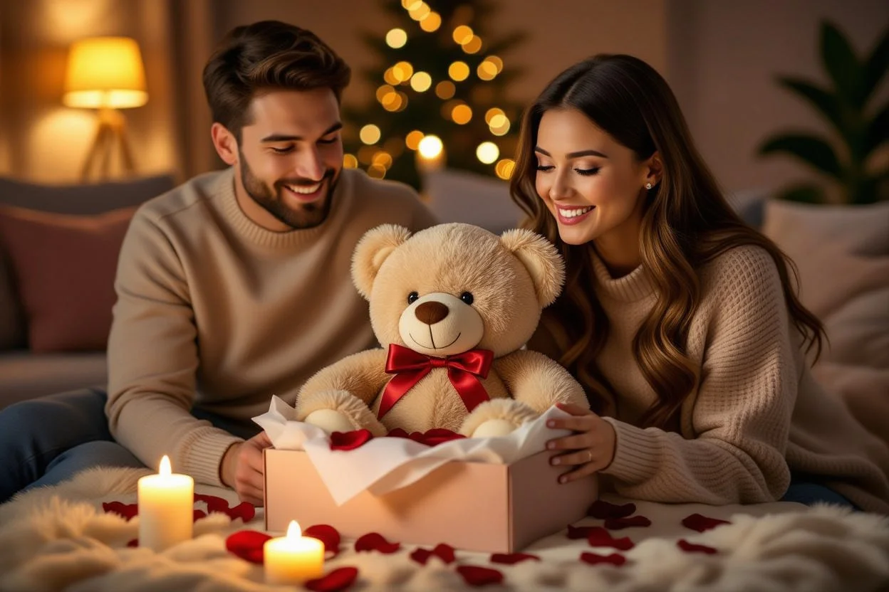 Woman receiving romantic teddy bear gift from partner in candlelit living room