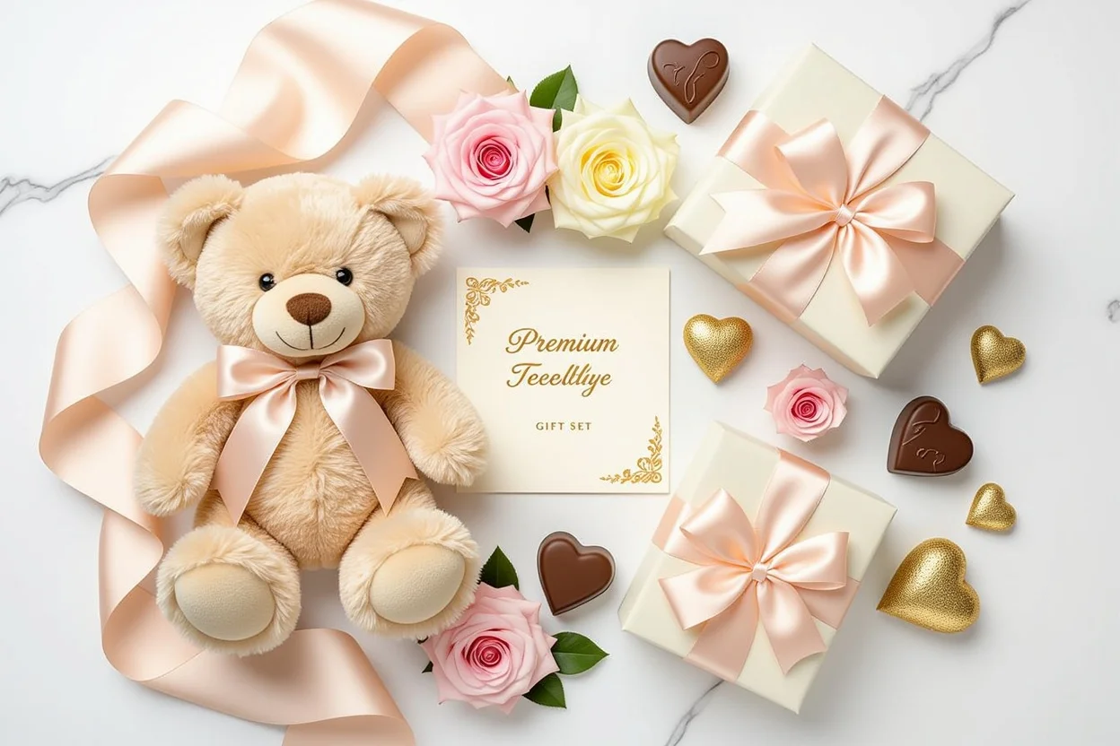Elegant teddy bear gift set arrangement with roses and romantic accessories