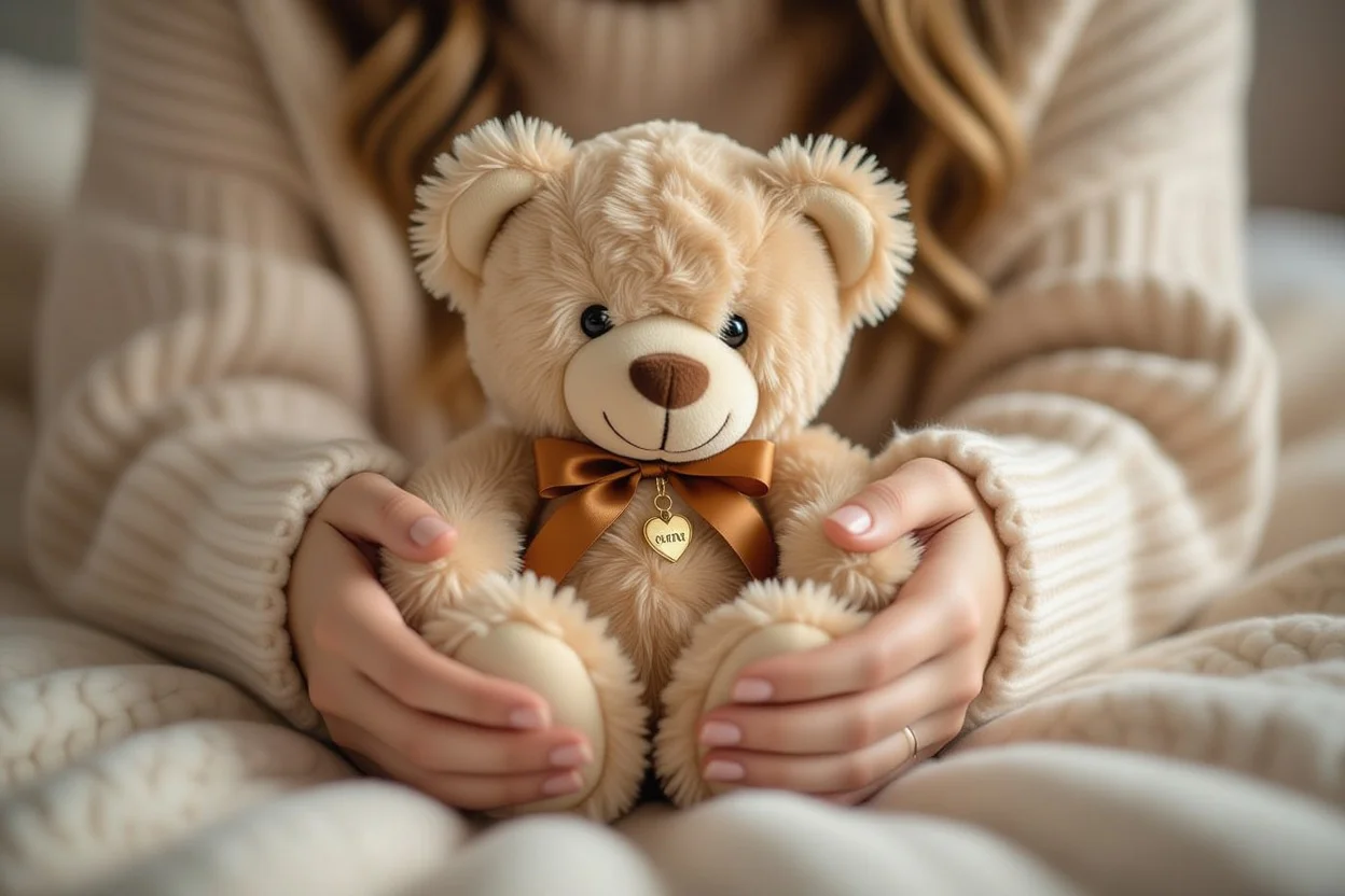 Close-up of hands holding soft romantic teddy bear gift with warm lighting