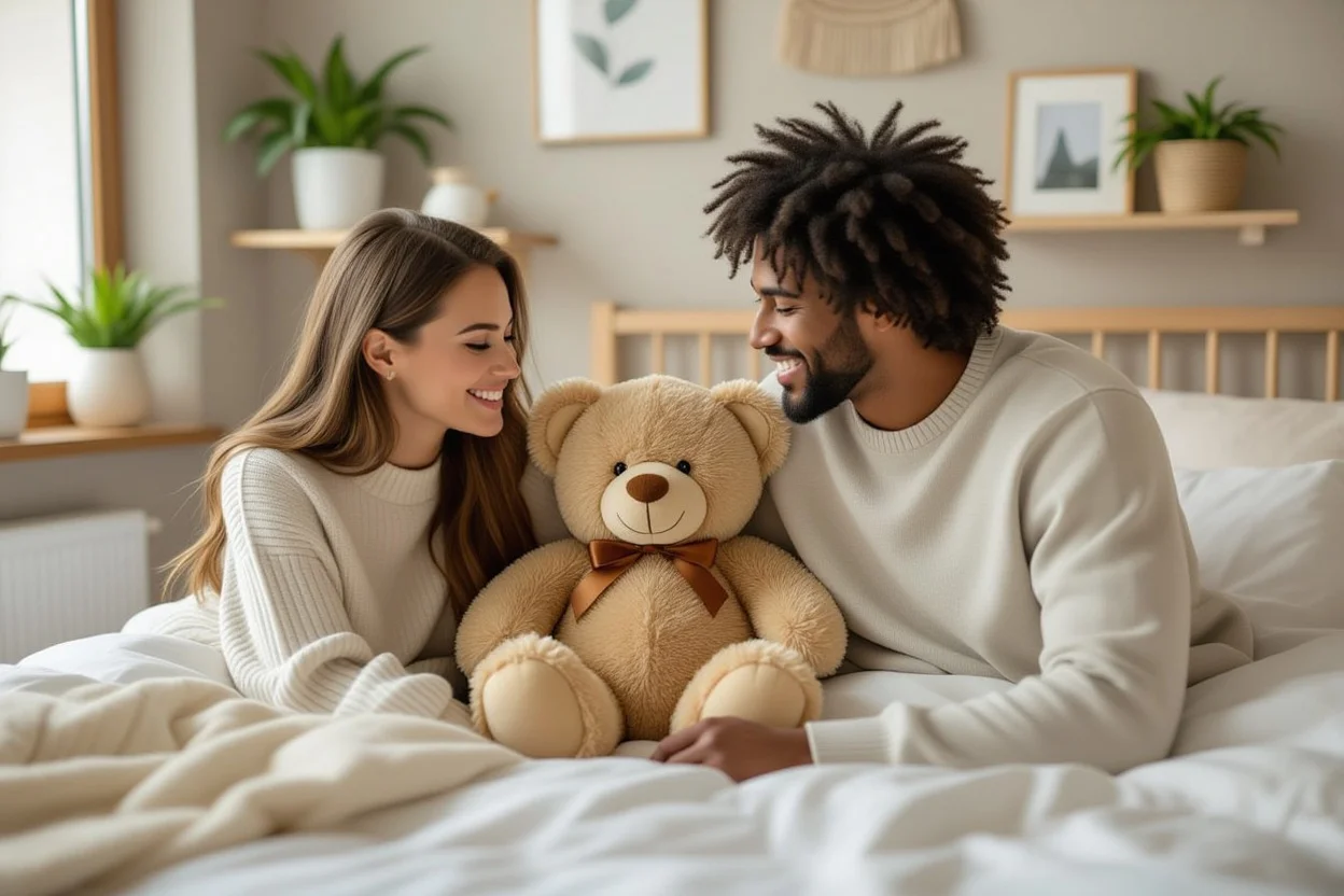 Teddy bear gift displayed in couple's bedroom showing lasting romantic impact