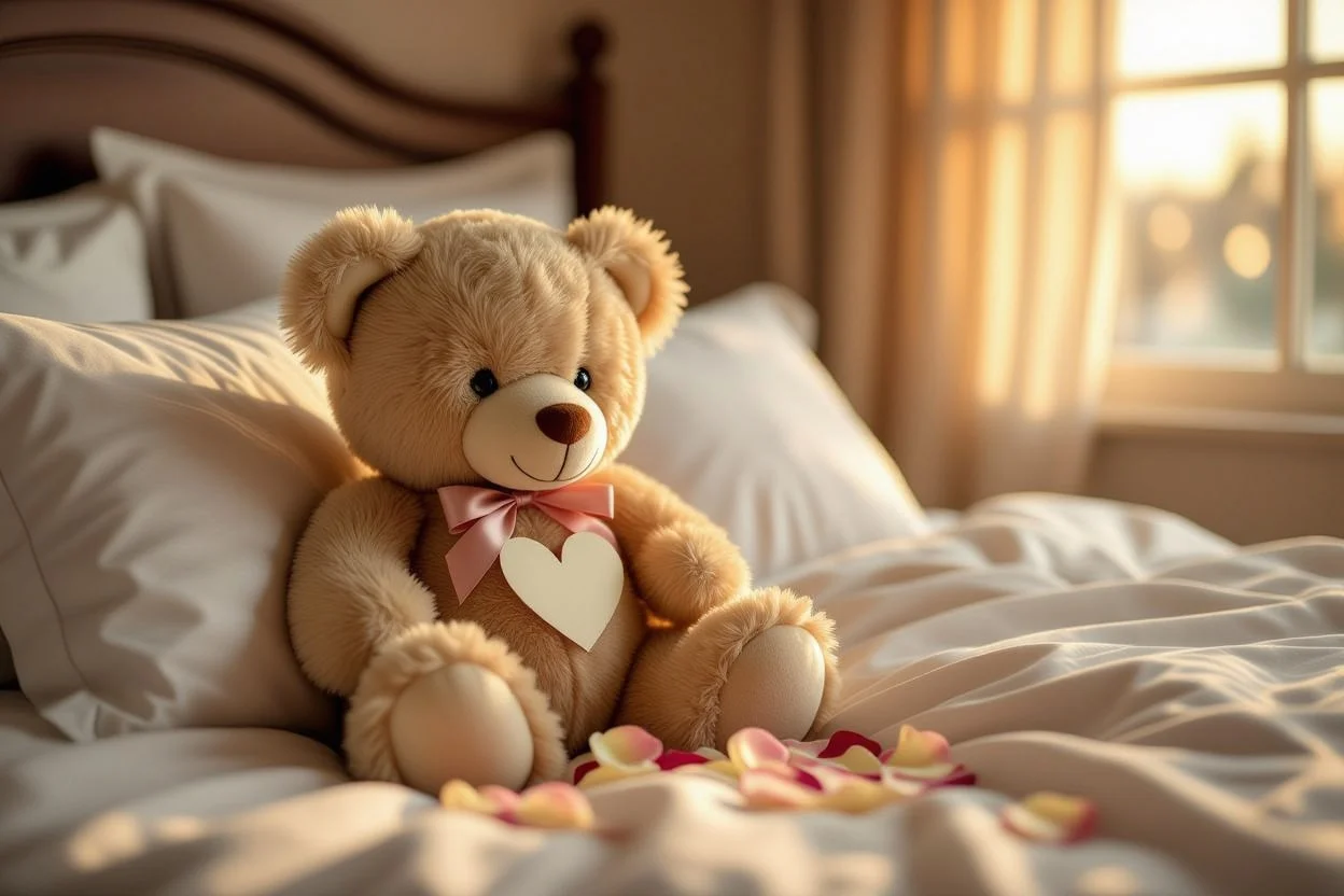 Romantic teddy bear gift with heart note on bed with rose petals for surprise romantic gesture