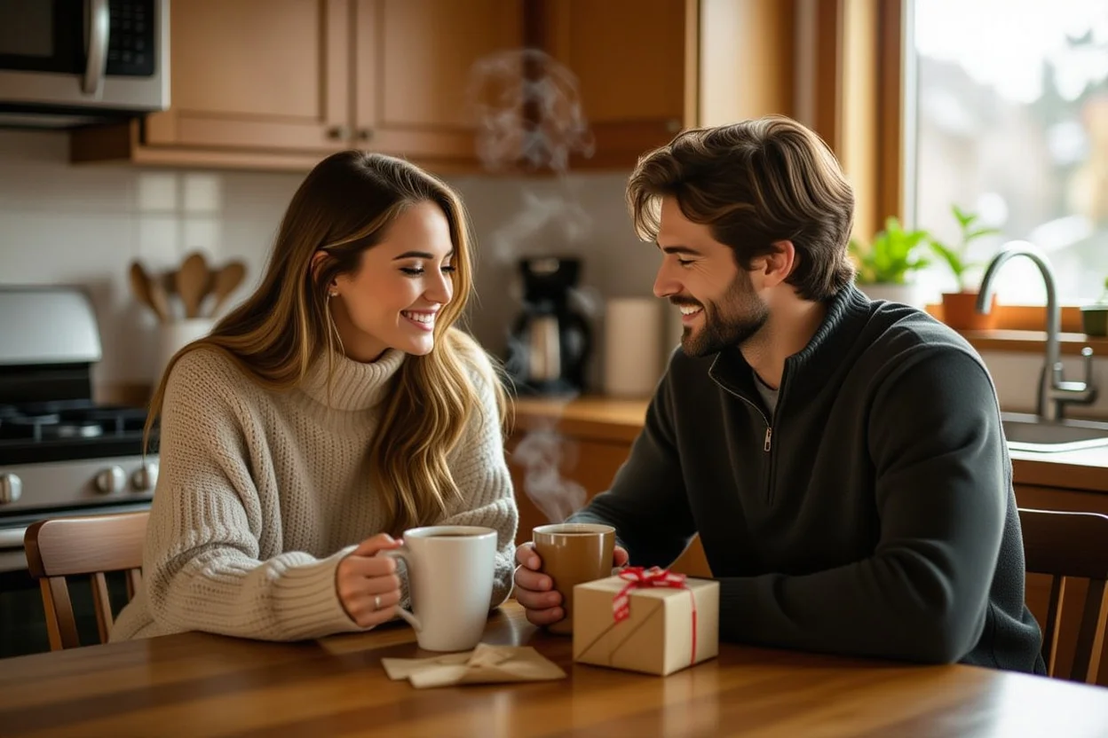 Couple sharing morning coffee with surprise gift representing everyday romance and spontaneous gestures