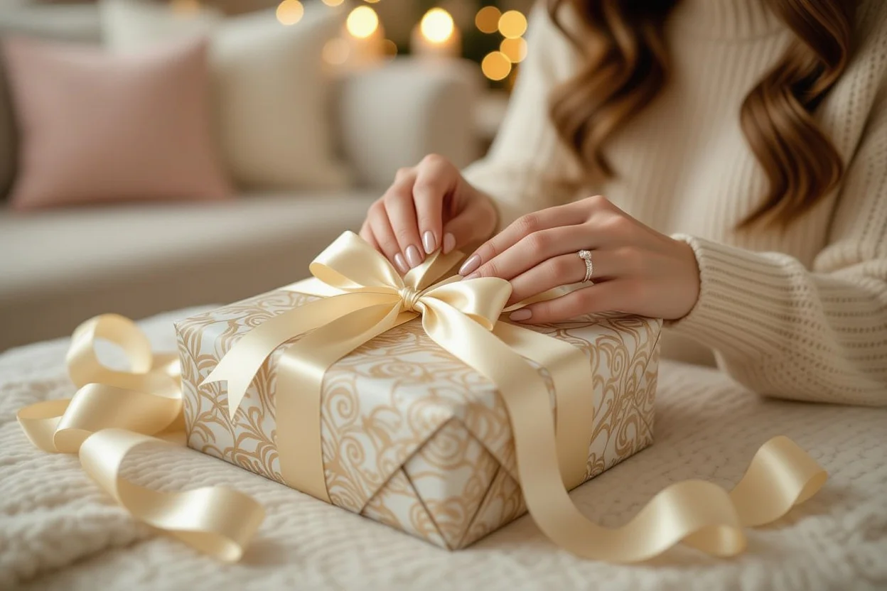 Woman unwrapping romantic surprise gift with elegant packaging in cozy home setting