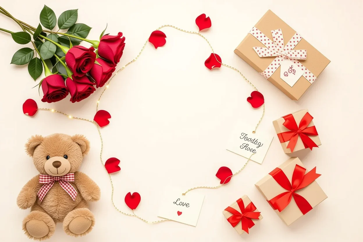 Romantic gift guide flat lay with teddy bear preserved roses love notes and gift boxes