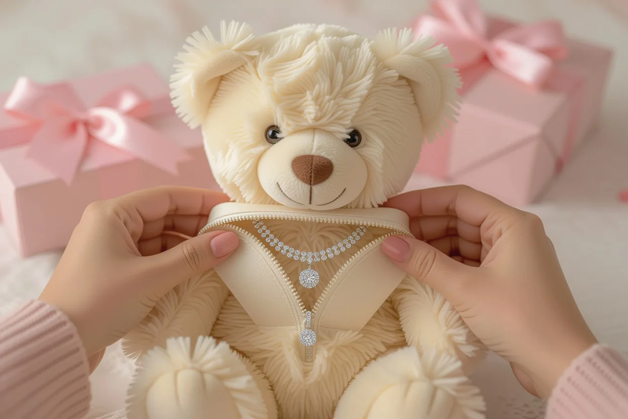 Woman discovering hidden necklace inside romantic teddy bear surprise gift