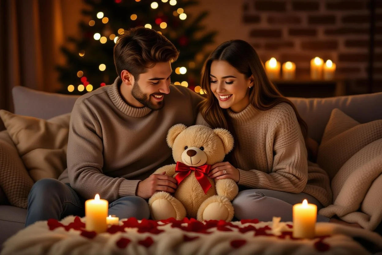 Couple sharing romantic moment with teddy bear surprise gift for birthday