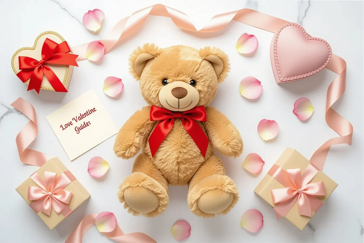 Romantic gift collection featuring teddy bear with hidden jewelry for Valentine's Day
