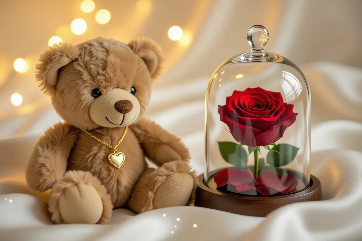 Luxury teddy bear gift with hidden necklace and preserved rose for romantic surprise